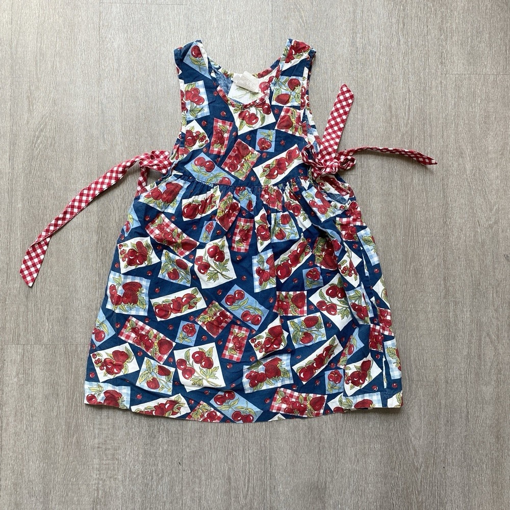 Vintage Bonnie Jean Girl's Dress Size 6 Checkered Gingham Apples Tie Detail 1458